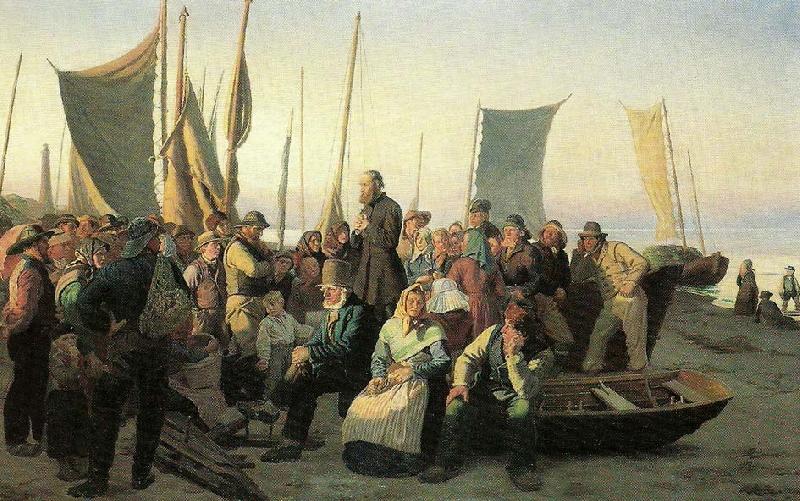 Michael Ancher en laegpraedikant holder gudstjeneste pa skagen sonderstrand